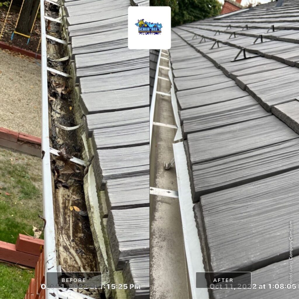 “Before and after gutter cleaning in La Grange, IL by Scrub Bee’s Pressure Washing.”